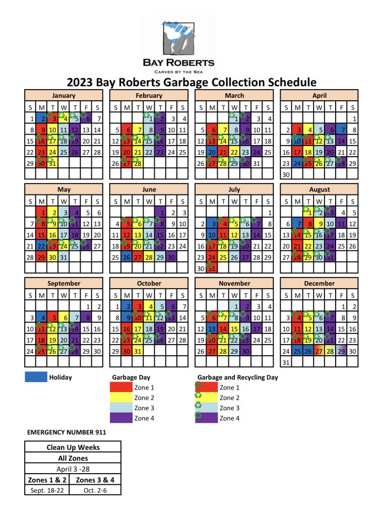 2023 Garbage Collection Schedule Bay Roberts, Newfoundland and Labrador